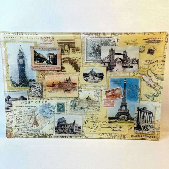 Vintage Postcard Photo Glass Tray Reverse Decorated Italy France Fringe 12” - Picture 2 of 9